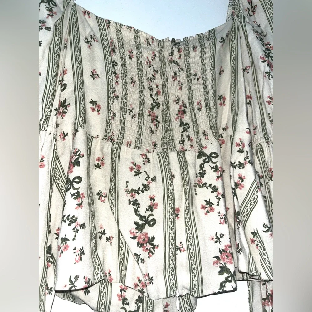 Reformation Cream Floral Peasant Blouse with Pink and Green Accents